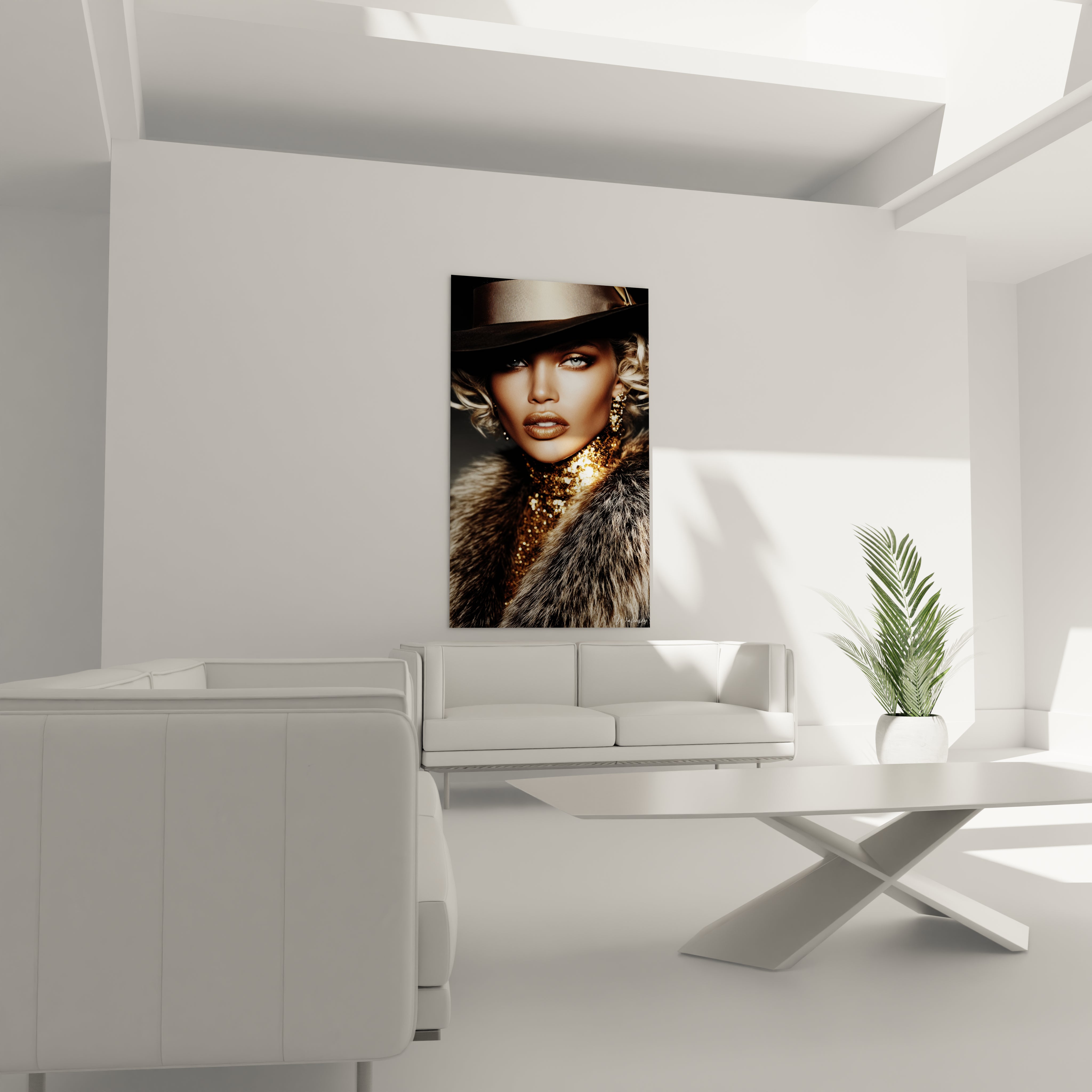 Tableau mural visage mode dorée avec une femme portant un chapeau et un manteau en fourrure