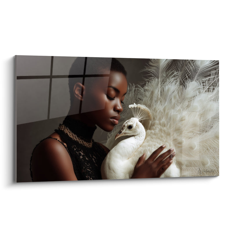 Tableau Femme et paon blanc en dentelle noire - Tendresse silencieuse - Edition Visage de la mode