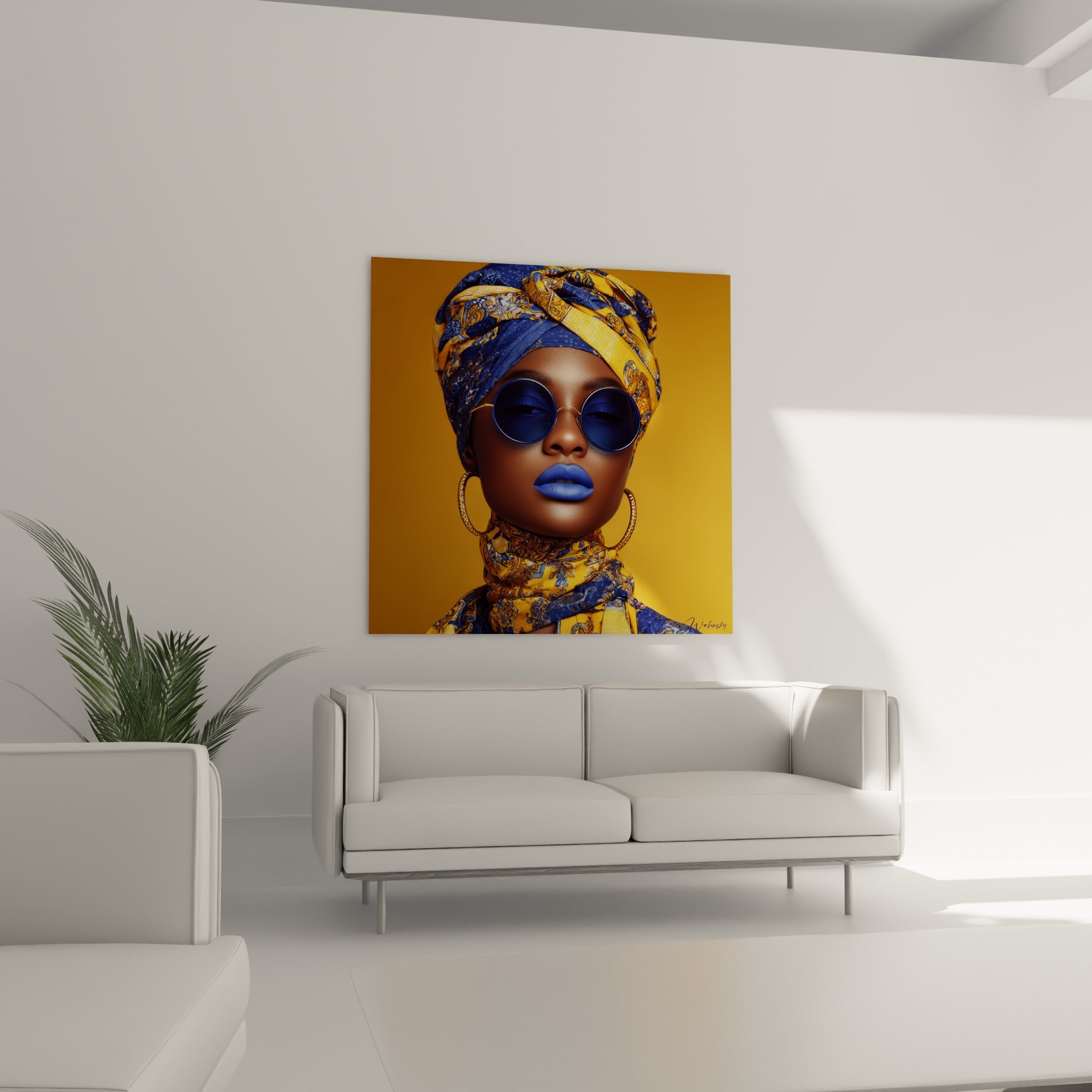 Femme au turban imprimé jaune et bleu, lunettes rondes, au-dessus d'un canapé dans un salon lumineux