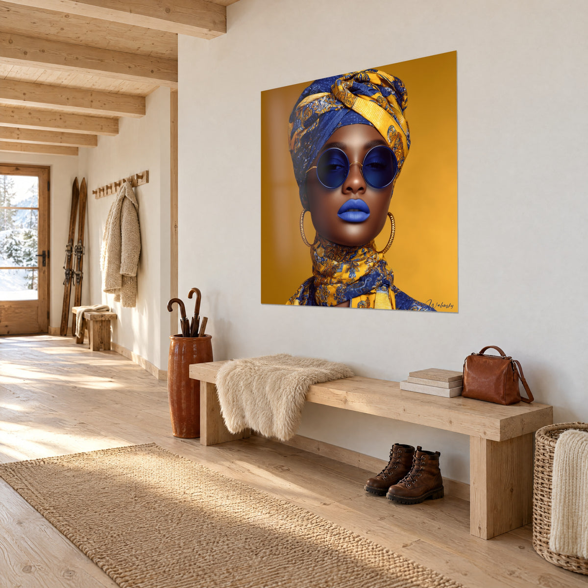Cuadro elegante mujer con pañuelo estampado en azul y ocre en la cabeza, labios azul cobalto, fondo dorado, pared blanca de un recibidor de madera clara