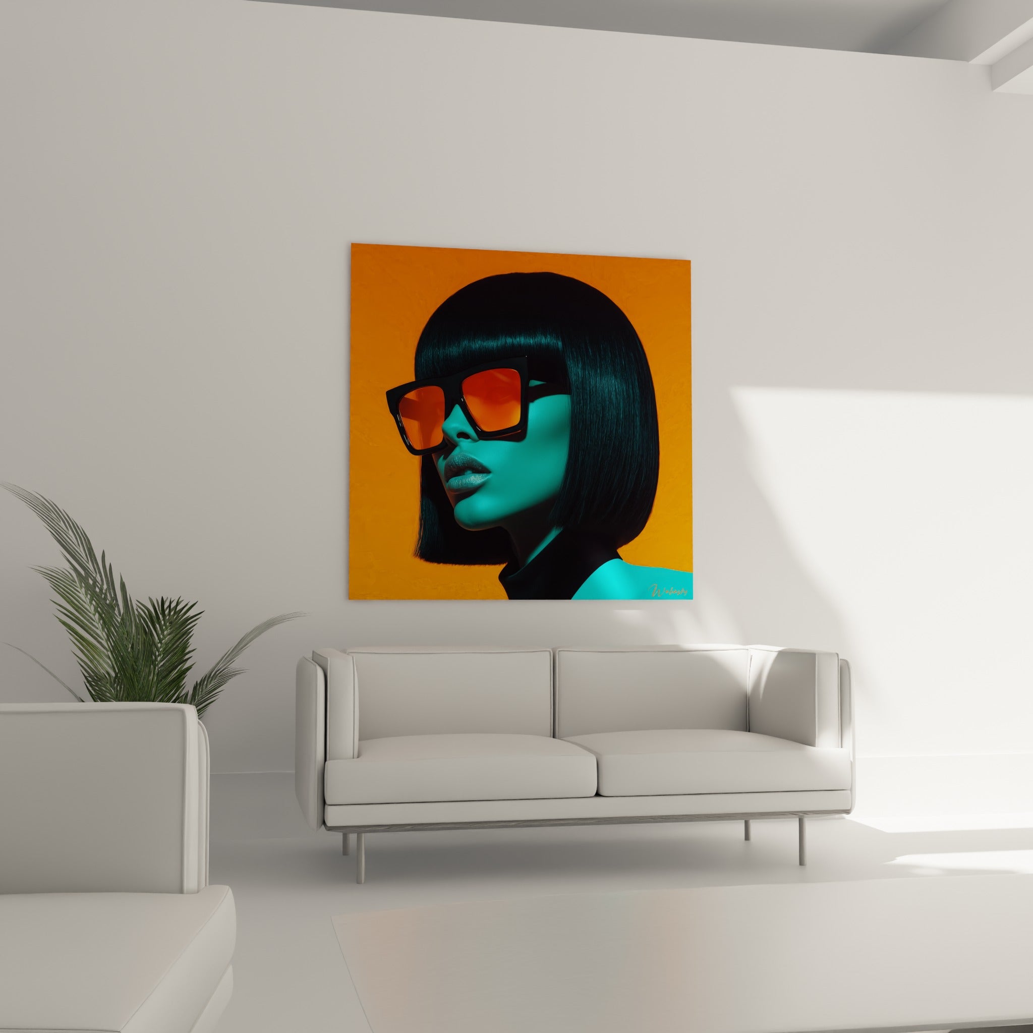 Portrait turquoise et orange aux lèvres pulpeuses, au-dessus d'un canapé dans un salon lumineux