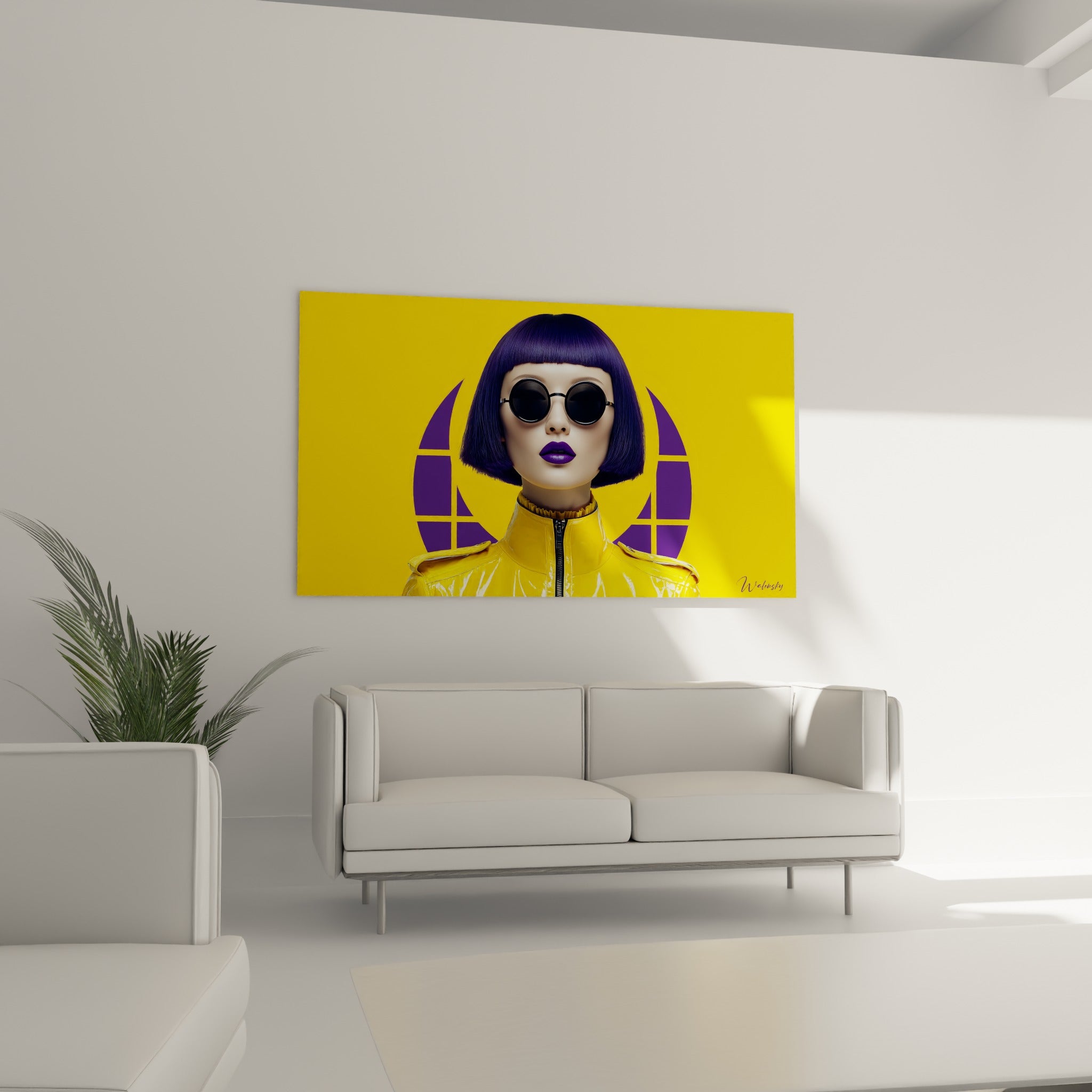 Femme aux lunettes noires du Visage de la mode, teintes jaune et violet, au-dessus d'un canapé dans un salon lumineux