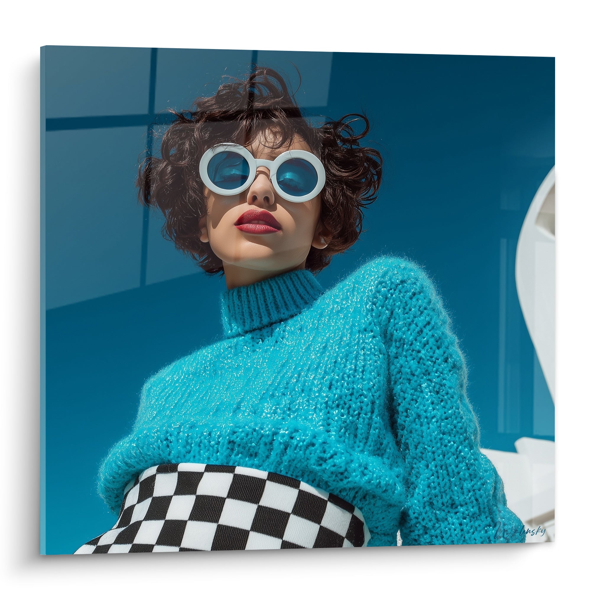 Visage de la mode aux lunettes bleu ciel, pull turquoise et lèvres rouge intense sur fond bleu vitré