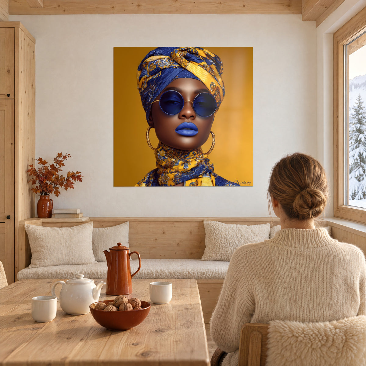 Cuadro rostro escultural enmarcado por un turbante azul noche y dorado, fondo amarillo miel, en un salón de chalet bañado de sol