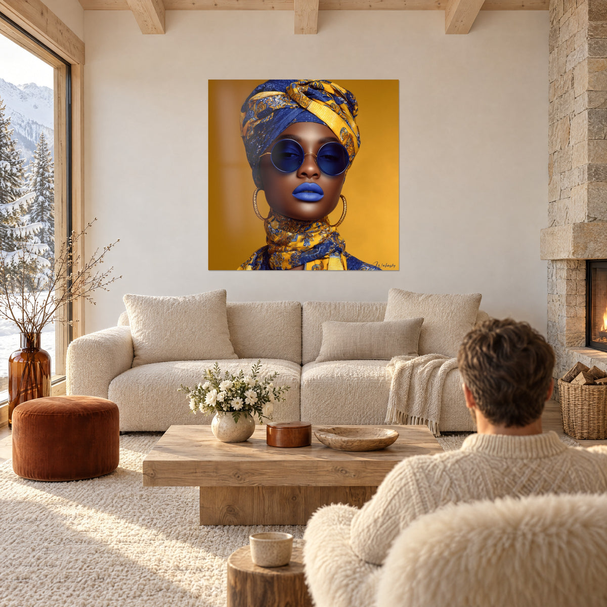 Cuadro retrato de mujer con turbante amarillo mostaza y azul real, gafas redondas azules, encima de un sofá en un salón luminoso