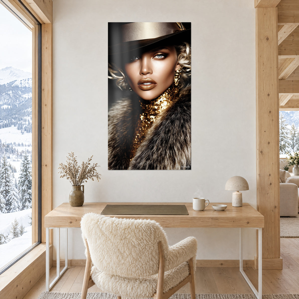 Schilderij modegezicht, hoed met gouden lint, gouden gepailletteerde kraag en bontjas, boven een bureau van licht hout