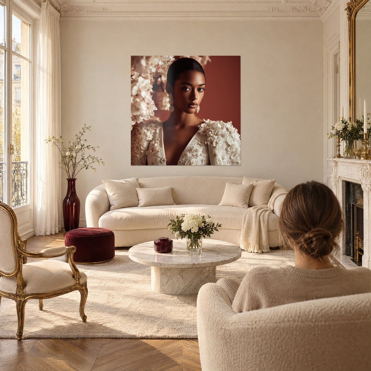 Quadro ritratto di modella dalla pelle ramata, abito crema ricamato di fiori, sfondo terracotta, sopra un divano in un soggiorno luminoso