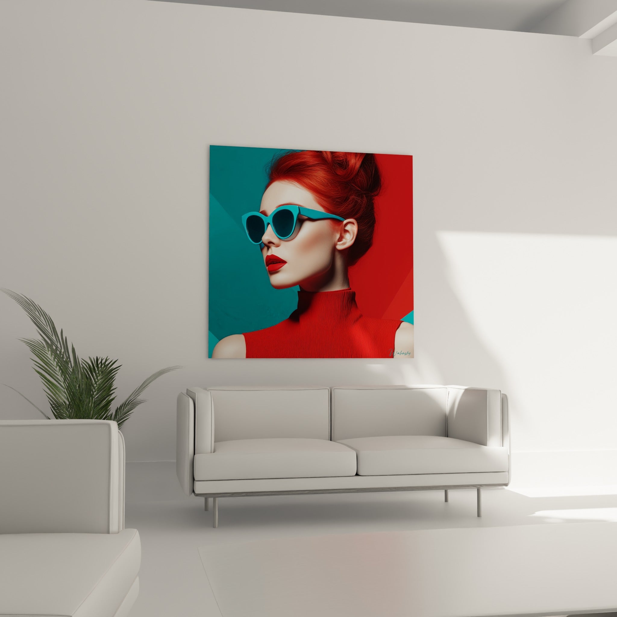 Regard turquoise et chevelure flamboyante du tableau visage de la mode au-dessus d'un canapé dans un salon lumineux