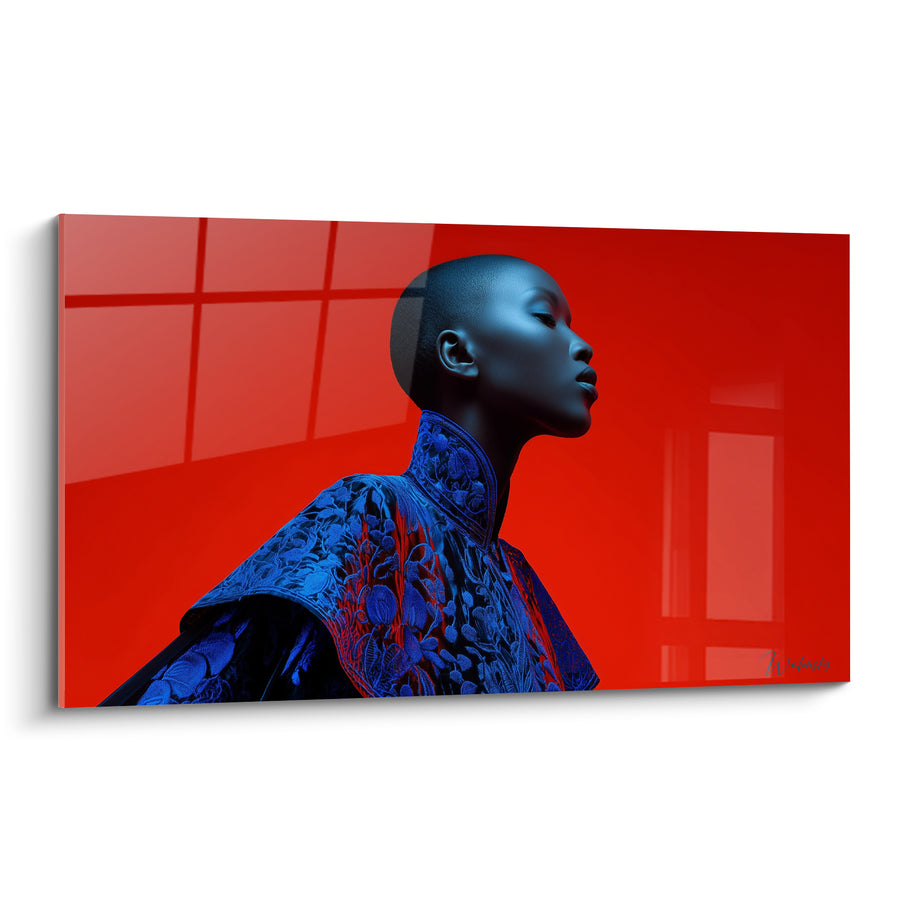 Tableau Portrait rouge et bleu au col brodé - Allure souveraine - Edition Visage de la mode