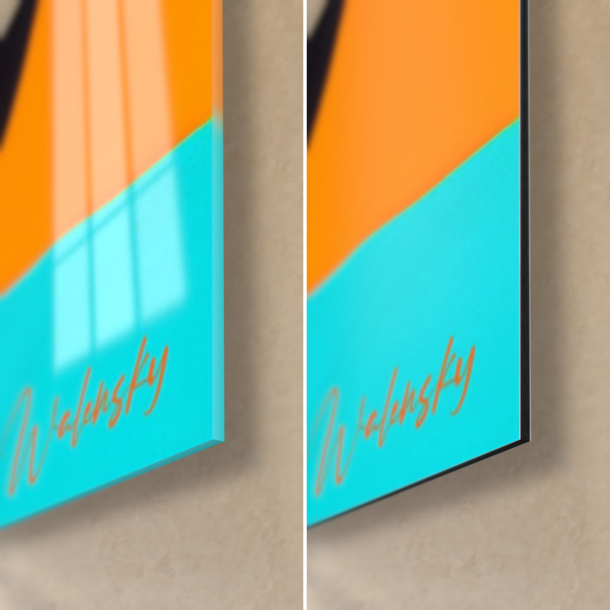 Cuadro rostro de moda en turquesa y naranja, esquina inferior derecha en cristal brillante con reflejos y aluminio Dibond mate, canto de 3 mm