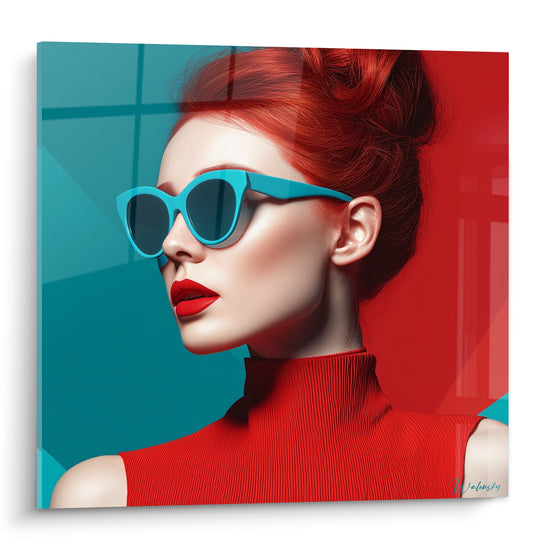 Tableau Femme rousse aux lunettes turquoise et rouge - Assurance graphique - Edition Visage de la mode