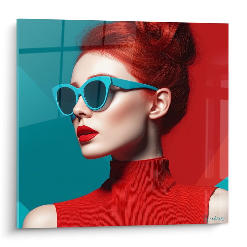 Tableau Femme rousse aux lunettes turquoise et rouge - Assurance graphique - Edition Visage de la mode