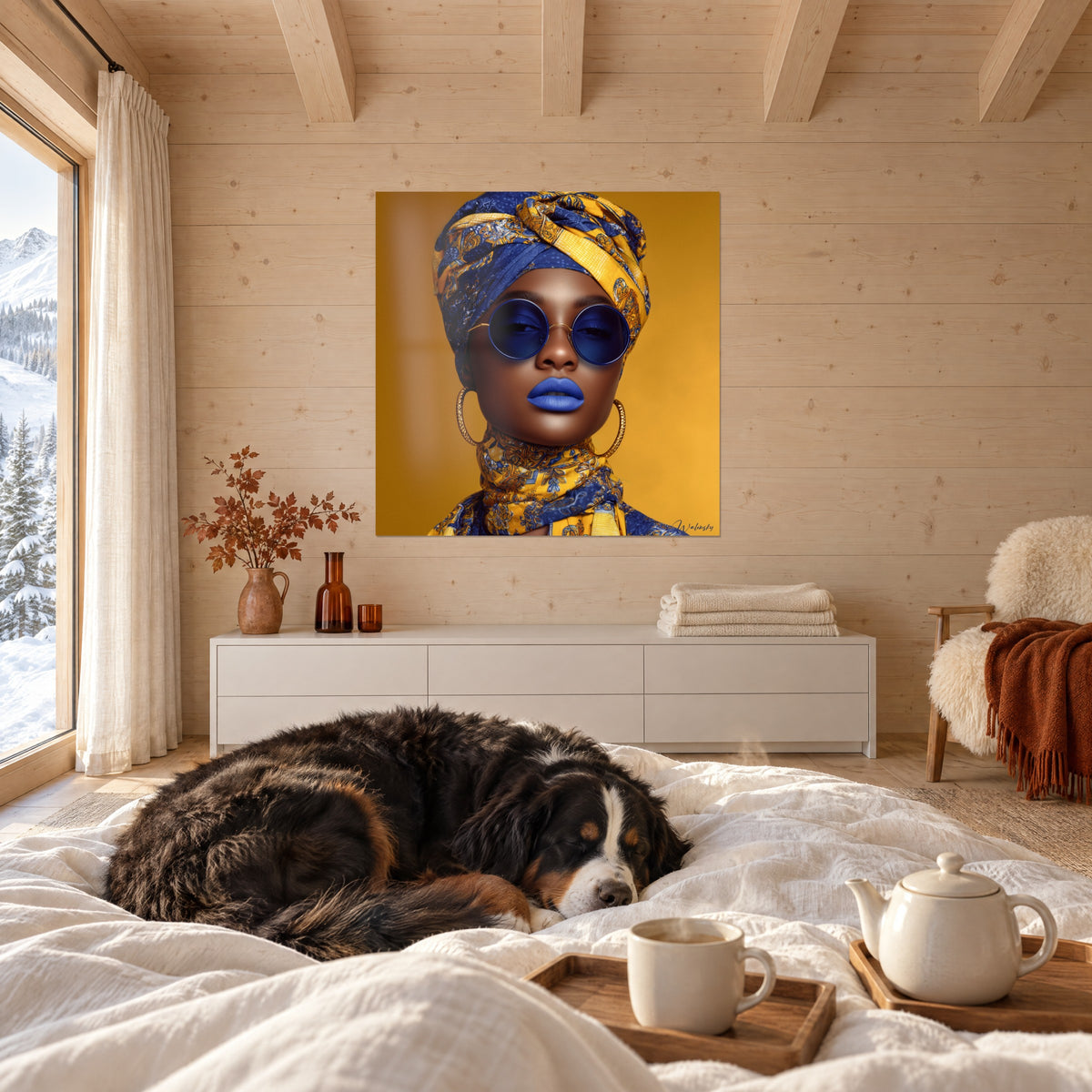 Cuadro modelo con turbante retorcido azul y amarillo, pendientes dorados, encima de una cama en un dormitorio luminoso