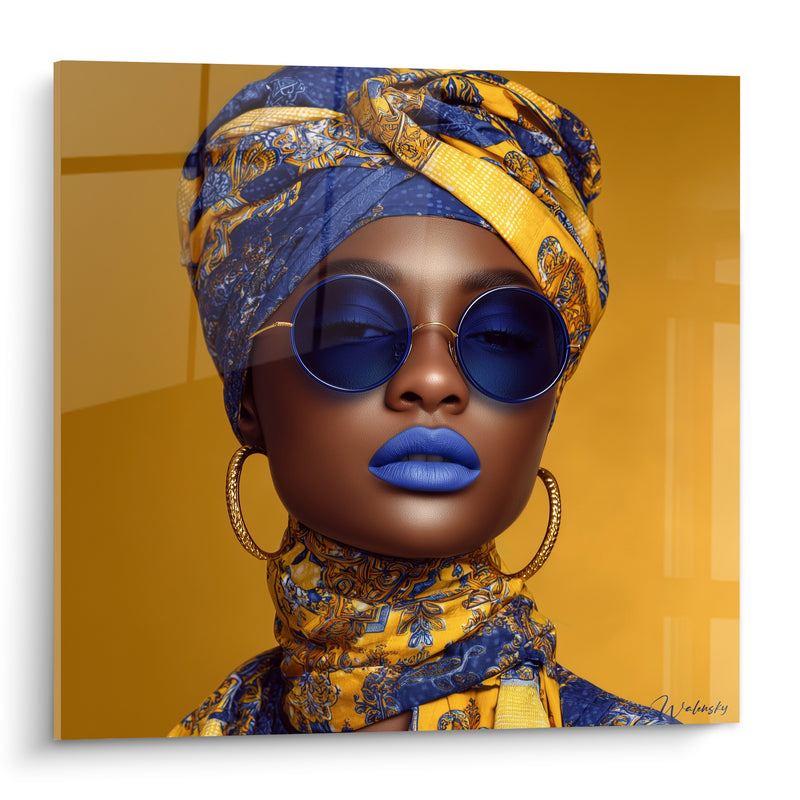 Tableau Portrait turban jaune et bleu roi - Reine des rues - Edition Visage de la mode