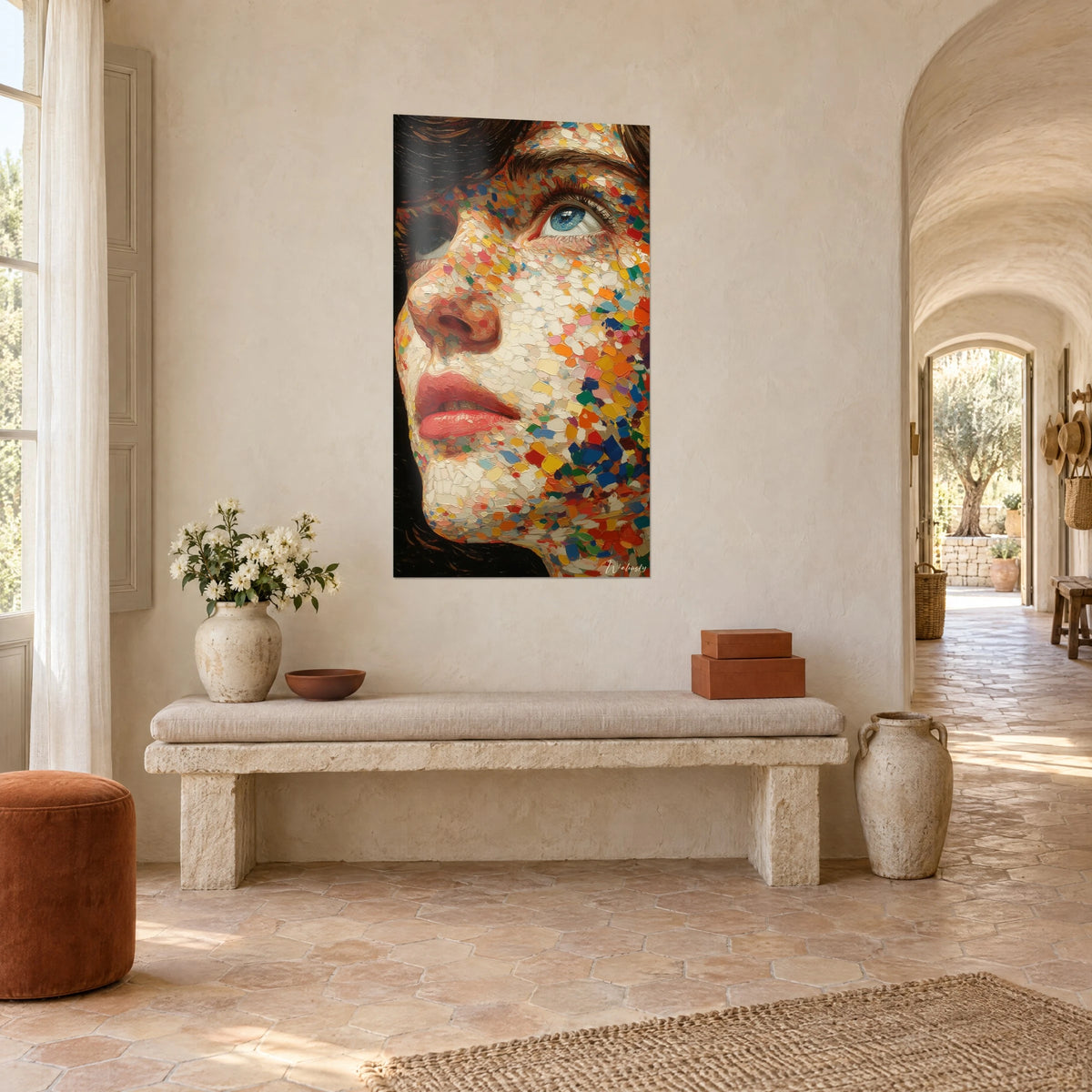 Wall art pointillist portrait with coral lips and azure gaze, red and yellow flecks, whitewashed wall of a Provençal farmhouse