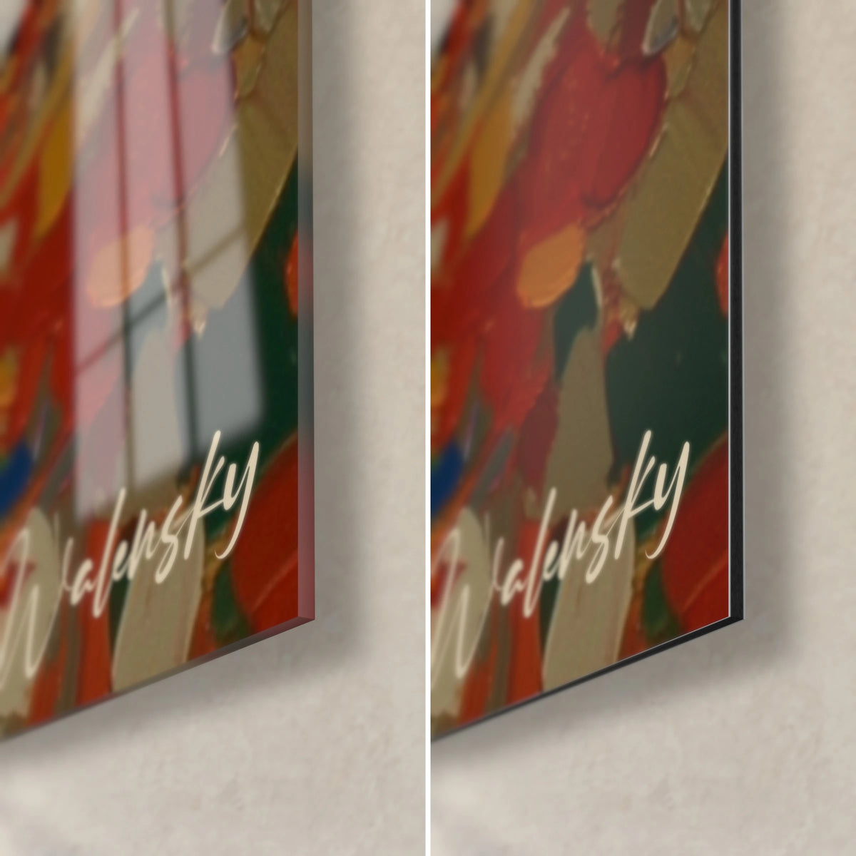 Wall art female profile in red and green paint splashes, bottom right corner: glossy acrylic glass and matte Dibond aluminum, 3 mm edge