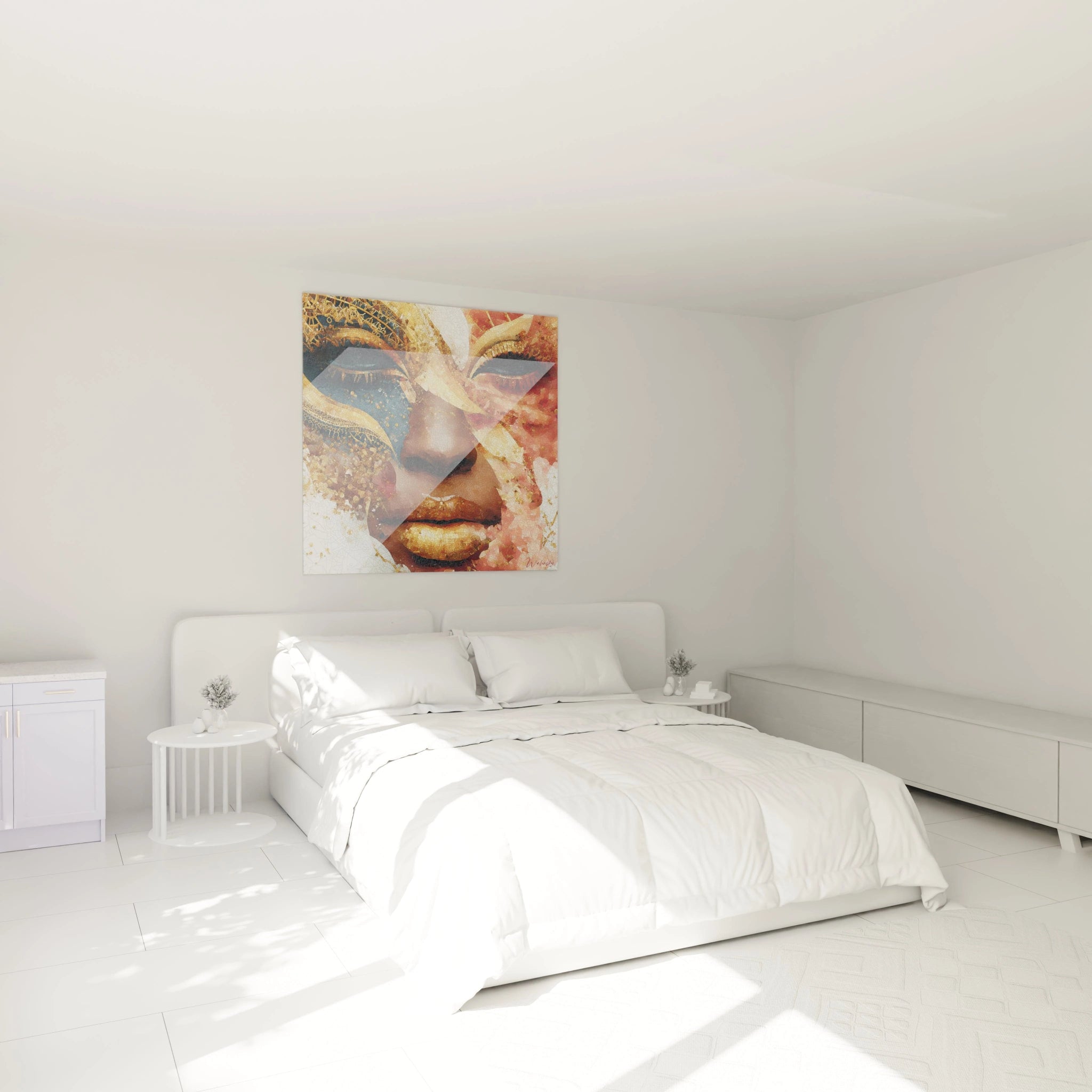 Tableau masque africain moderne de Walensky décorant une chambre spacieuse et lumineuse