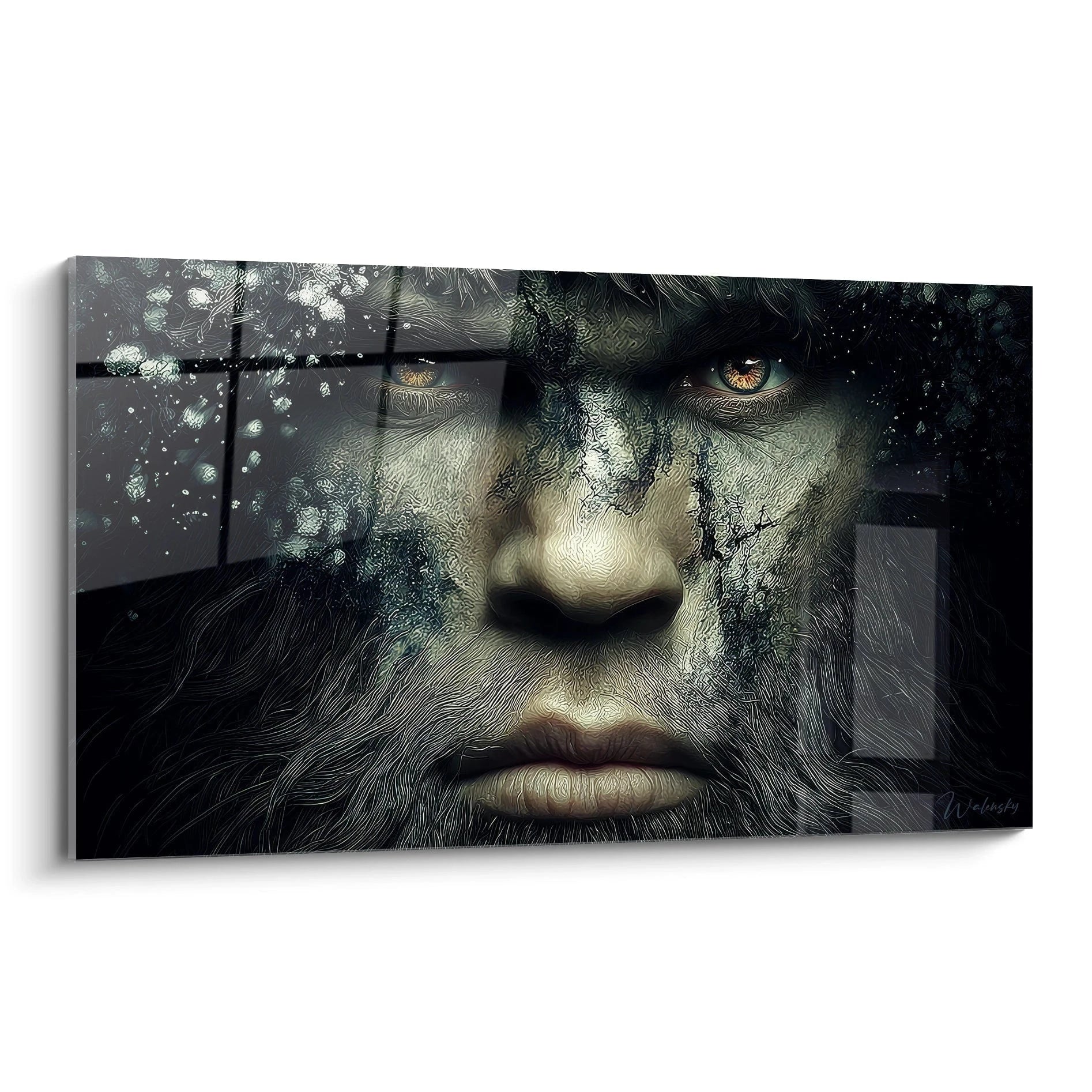 Tableau mural Bigfoot visage mystérieux aux yeux dorés derrière vitre embuée art fantastique