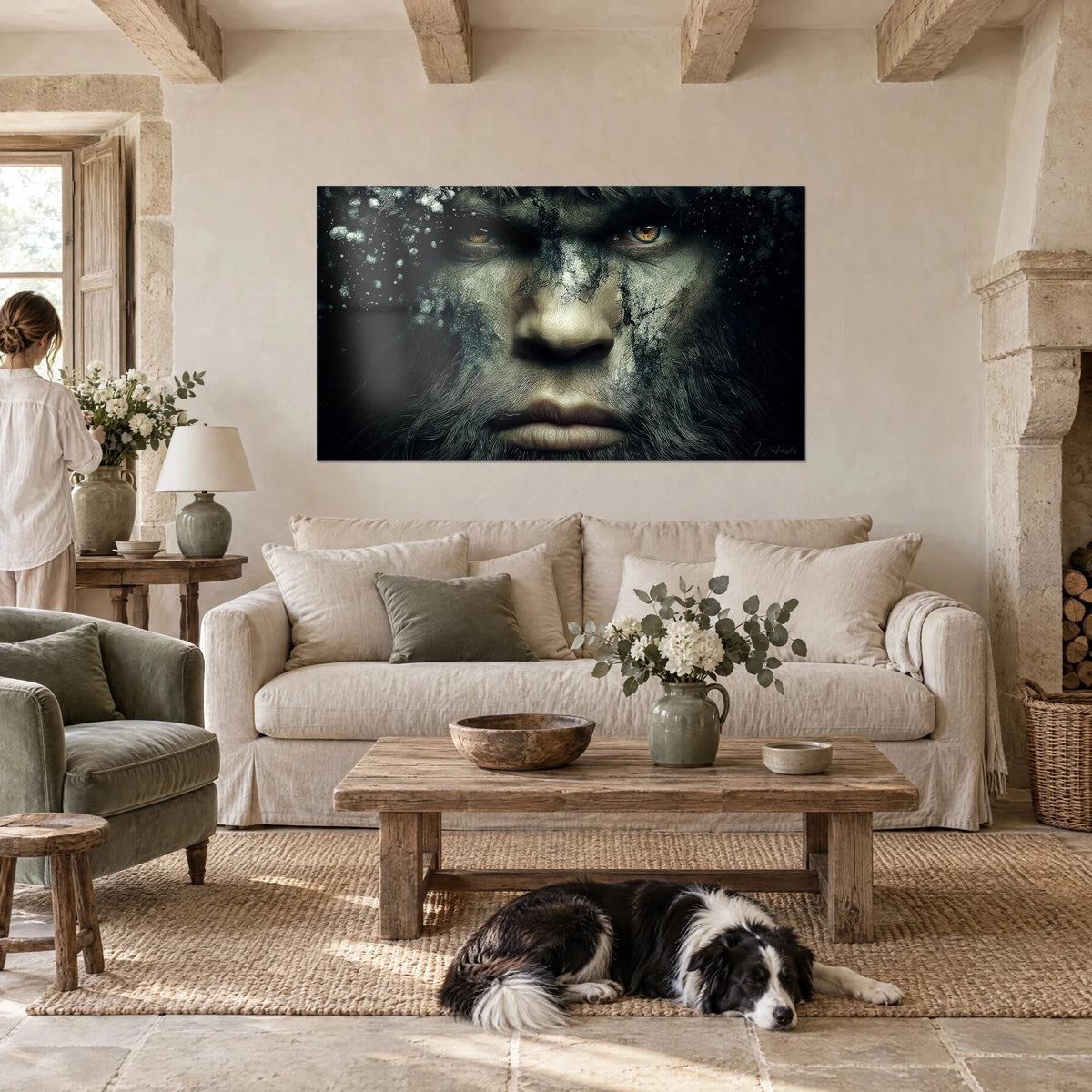 Schilderij bigfoot-gezicht met amberkleurige ogen, donkere baard en sneeuwstof, een vrouw van achteren en een collie boven een bank in een lichte woonkamer