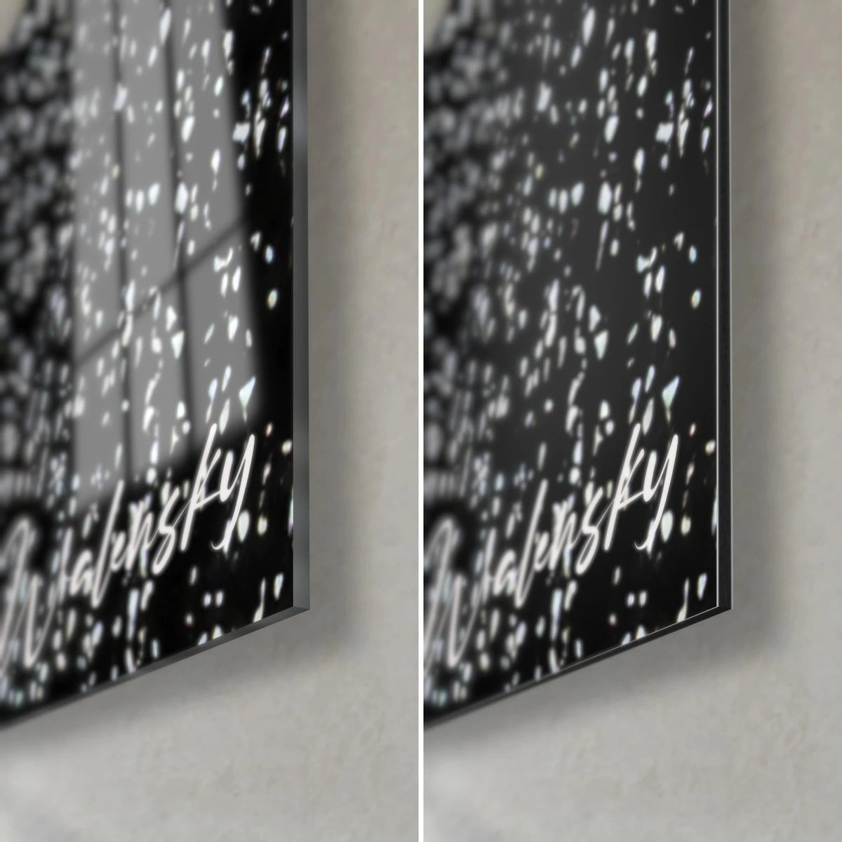 Tableau femme au chapeau pailleté, coin bas droit : verre brillant aux reflets argentés, alu Dibond noir mat, tranche 3 mm