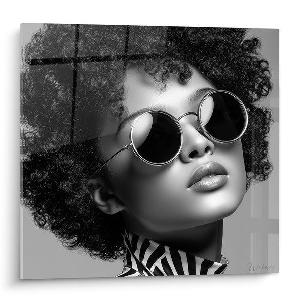Gemälde Afroamerikanische Frau mit runden Brillen - Selbstbewusste Ausstrahlung - Schwarz-Weiß-Edition