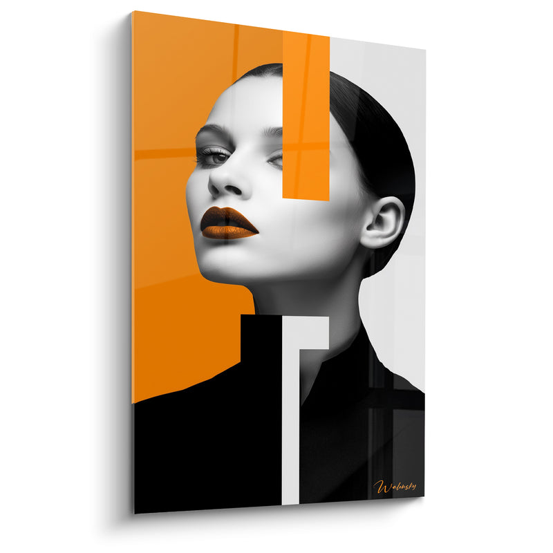 Tableau Visage graphique aux blocs orange - Allure sculptée - Edition Visage noir et blanc