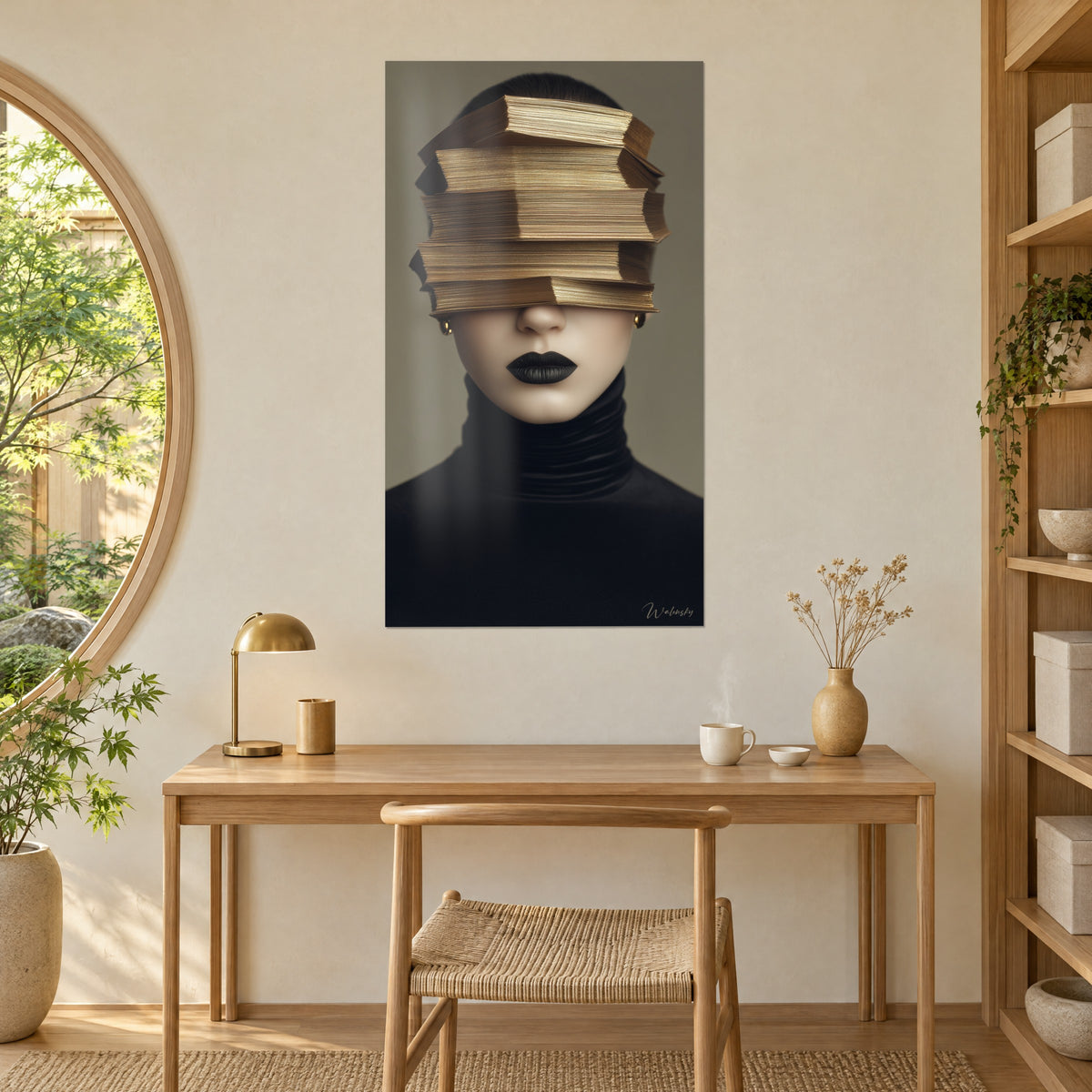 Quadro pila di libri color rame che copre una fronte, incarnato avorio, dolcevita nero, appeso sopra una scrivania in rovere chiaro