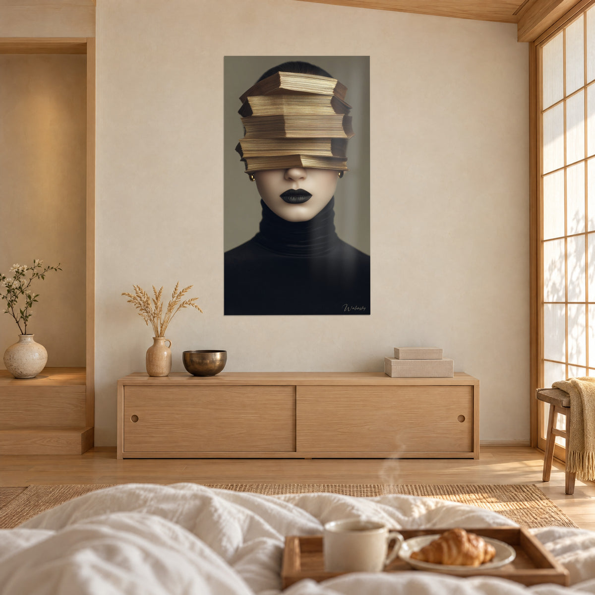 Quadro volto di porcellana, labbra nere, bordi di libri oro e ocra sugli occhi, firma Walensky, sopra un letto in una camera luminosa