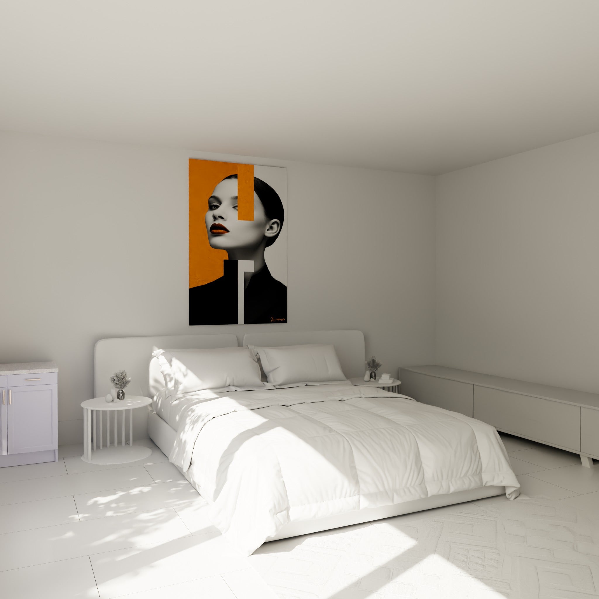 Portrait graphique aux tons orange et noir surplombant un lit dans une chambre claire aux murs neutres