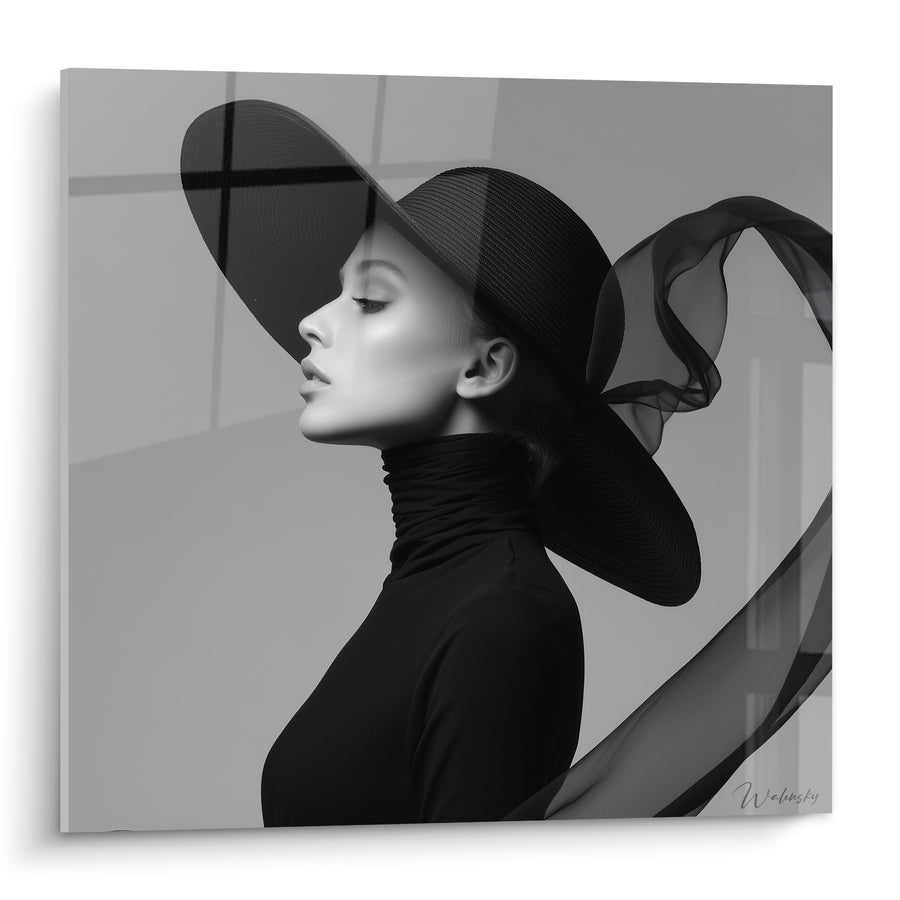 Dipinto Donna cappello nero e grigio grande - Eleganza sospesa - Edizione Ritratto in bianco e nero