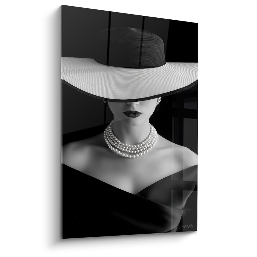 Tableau Chapeau blanc et noir collier de perles multirang - Épaules dénudées croisées - Edition Visage noir et blanc