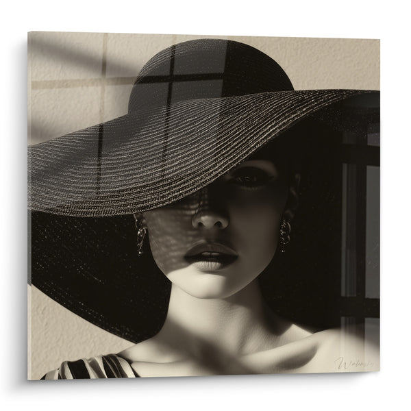 Sepia Portrait Painting with Wide-Brimmed Hat - Gaze Under the Shadow - Black and White Face Edition
