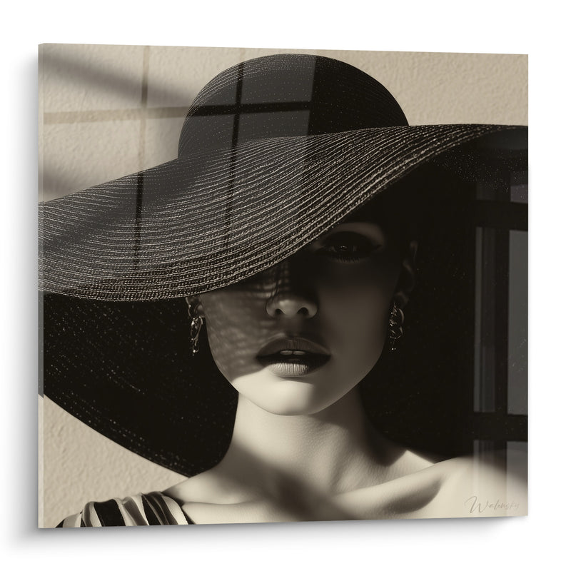 Tableau Portrait sépia au chapeau large bord - Regard sous l'ombre - Edition Visage noir et blanc