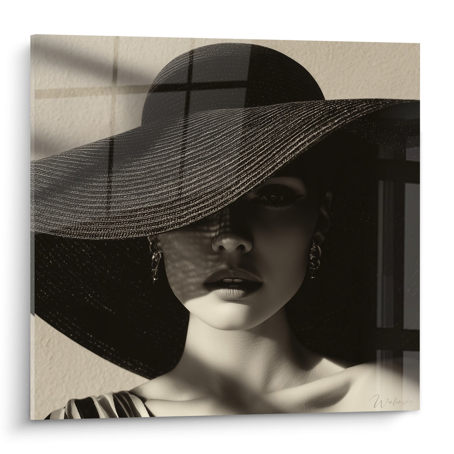 Dipinto Ritratto seppia con cappello a tesa larga - Sguardo all'ombra - Edizione Viso in bianco e nero