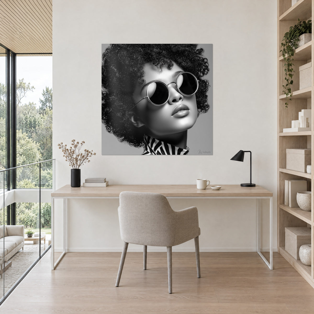 Cuadro silueta de pelo rizado con gafas redondas, contrastes en blanco y negro, colgado sobre un escritorio de madera clara y un sillón beige