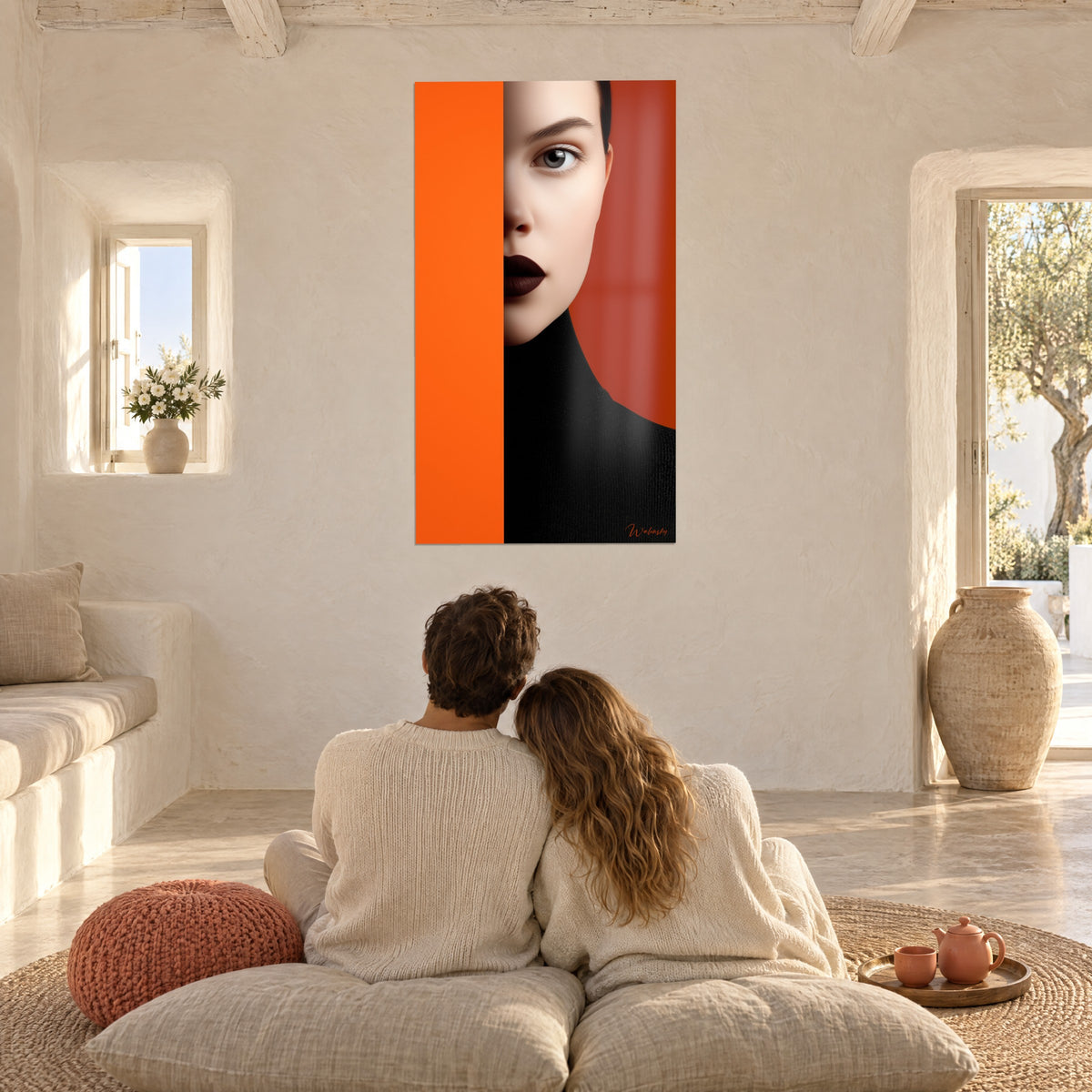 Cuadro rostro enigmático en naranja y negro, tez marfil, labios oscuros, frente a una pareja sentada sobre cojines crema