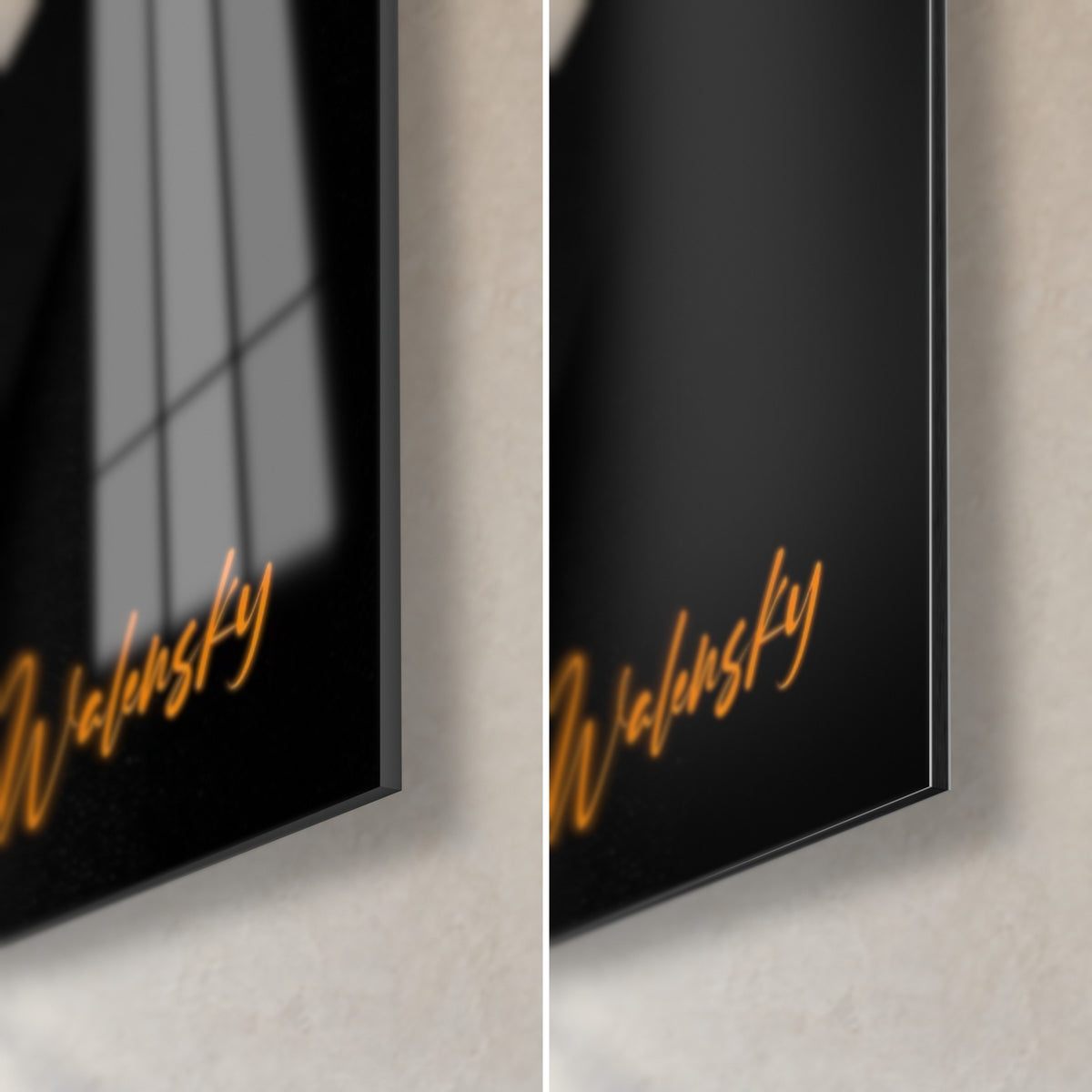 Tableau visage monochrome aux lèvres orange, coin bas droit : verre brillant et reflets à gauche, Dibond mat noir à droite
