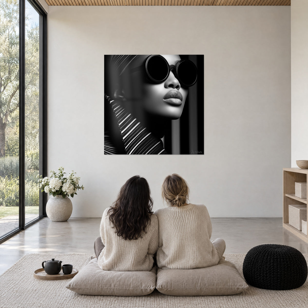 Cuadro silueta femenina enmascarada con cristales redondos negros, rayas plateadas sobre negro profundo, admirada por dos mujeres sentadas de espaldas