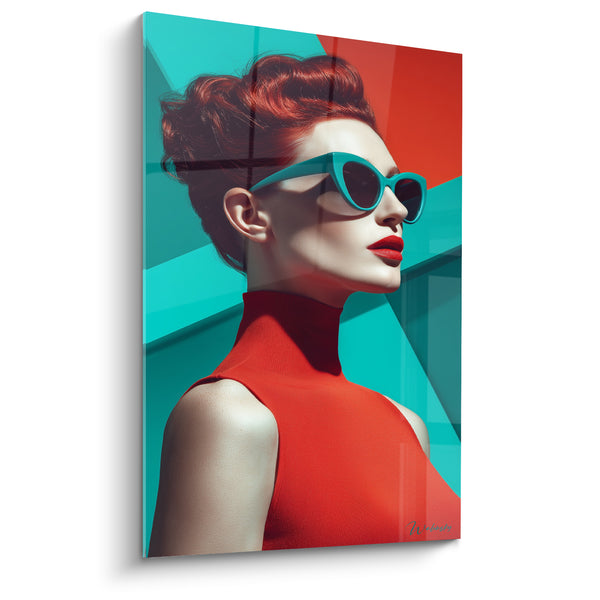 Gemälde Rothaarige Frau mit türkisen Brille - Retrofuturistische Einstellung - Schwarz-Weiß-Gesichtsedition