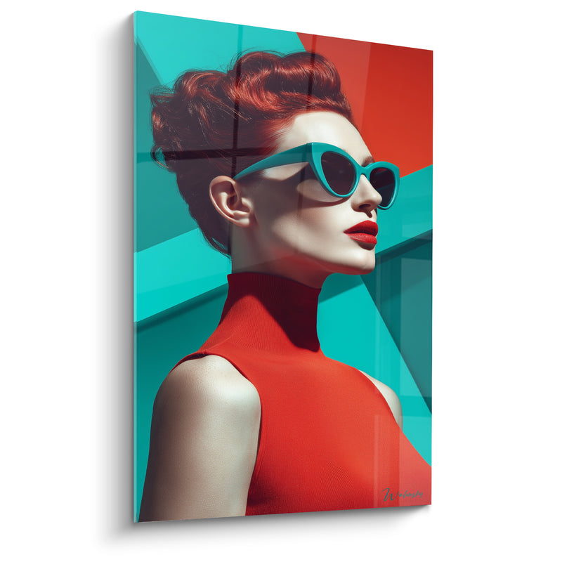 Tableau Femme rousse aux lunettes turquoise - Attitude rétrofuturiste - Edition Visage noir et blanc