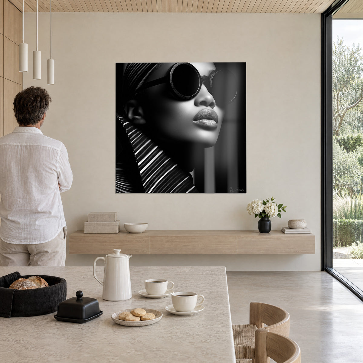 Cuadro figura femenina de monturas redondas negras, labios rosados, bufanda a rayas, observada por un hombre de espaldas en un salón luminoso
