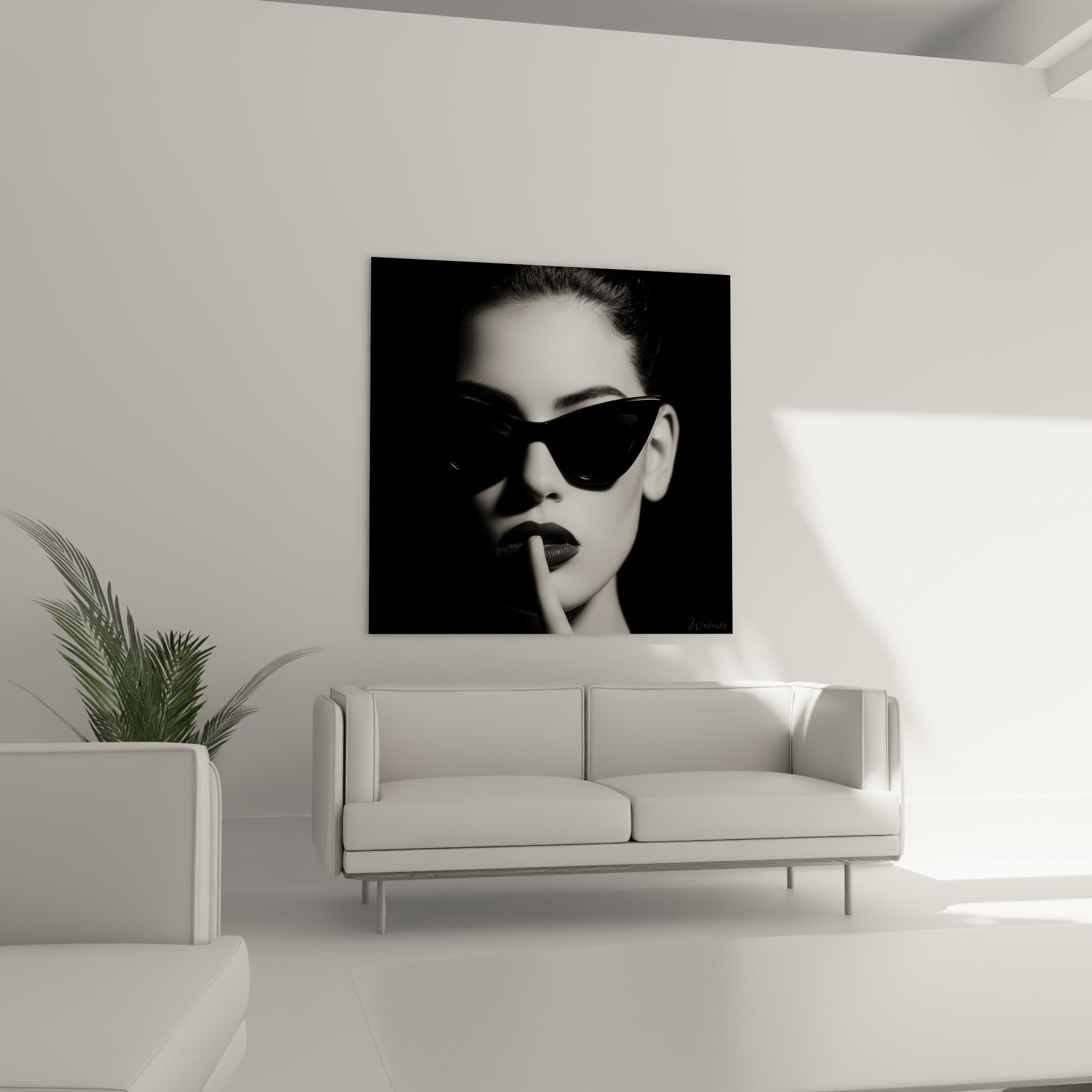 Femme aux lunettes noires et lèvres sombres dans un jeu de clair-obscur, au-dessus d'un canapé dans un salon lumineux