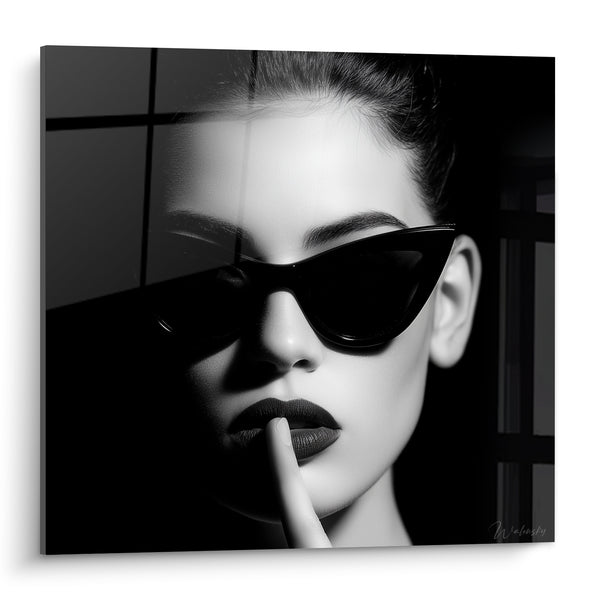 Artwork Face with Black Sunglasses and Dark Lips - Secret Whispered - Black and White Face Edition