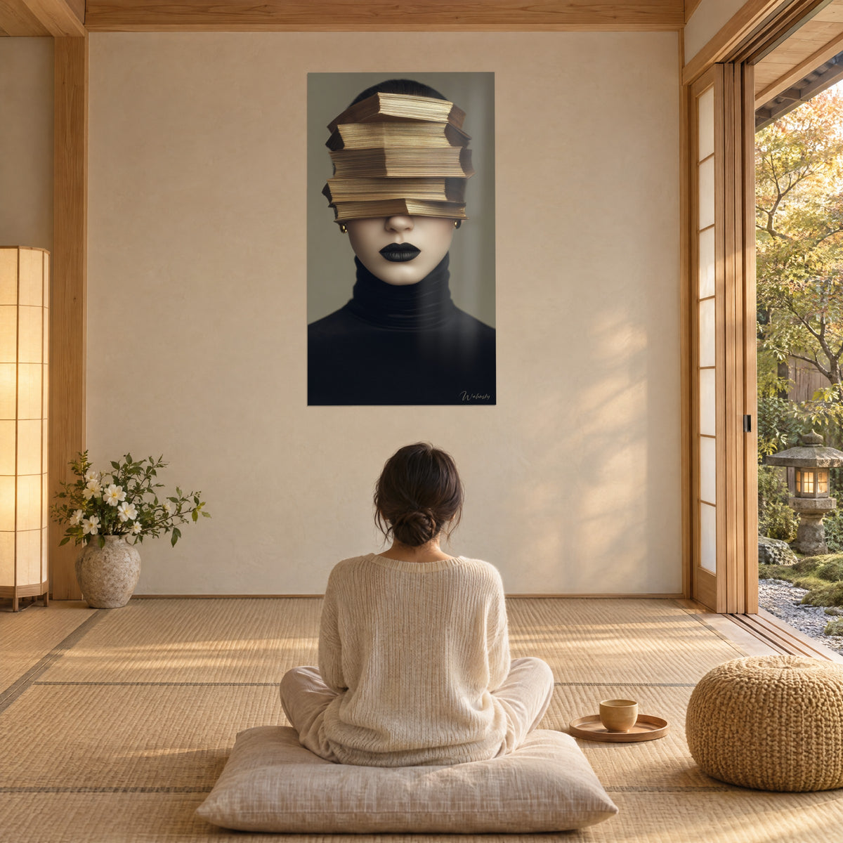 Quadro donna con una fascia di pagine dorate intorno alla fronte, labbra nere, maglione scuro, sfondo tortora, una donna di spalle che medita su un cuscino, interno japandi