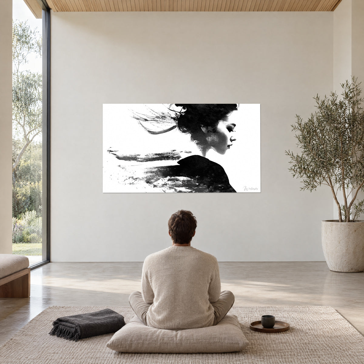 Gemälde Zen-Porträt einer Frau in monochromer Aquarelltechnik, tiefes Schwarz und reines Weiß, gegenüber einer auf einem Kissen sitzenden Person