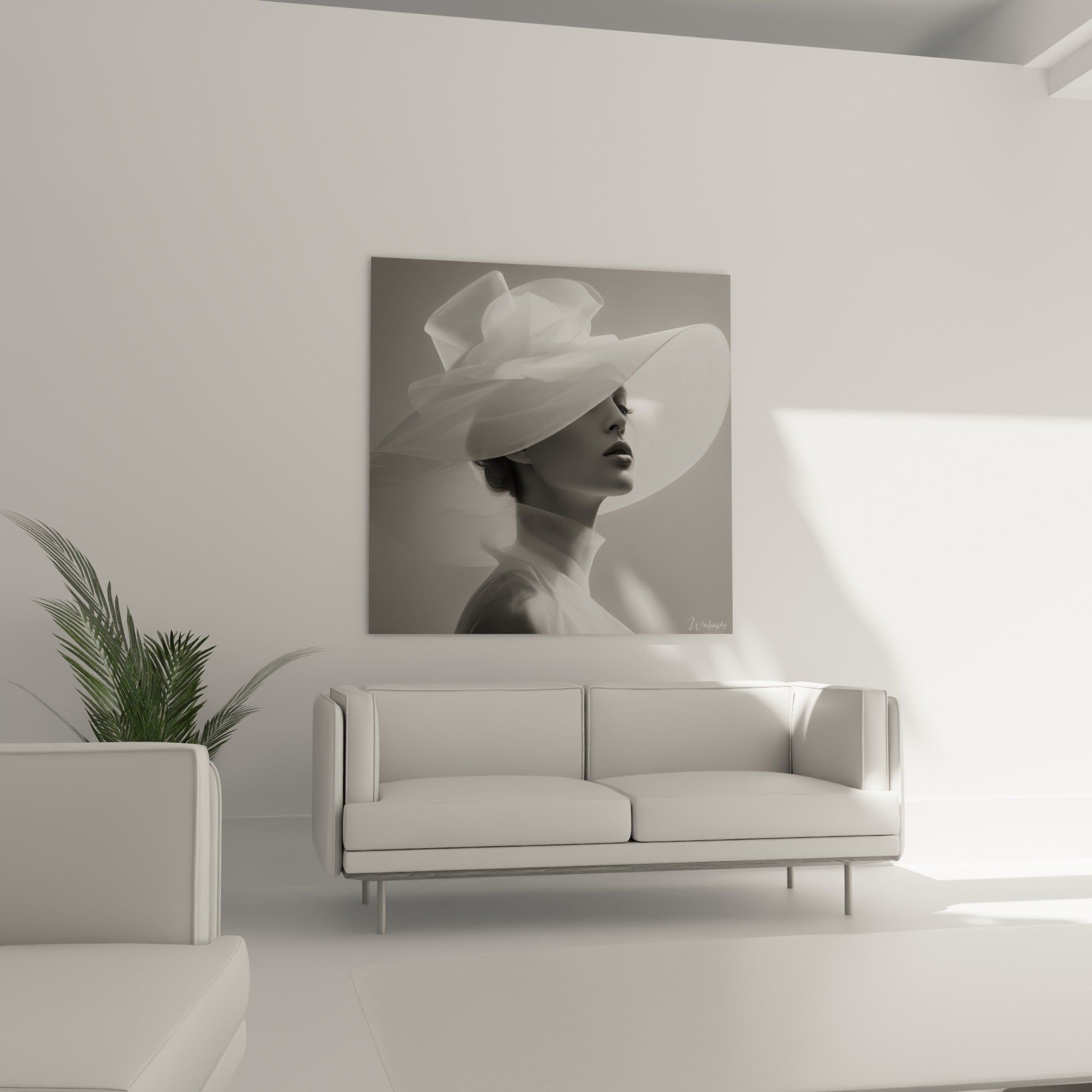 Voile blanc drapé sur un visage anthracite au profil délicat, au-dessus d'un canapé dans un salon lumineux