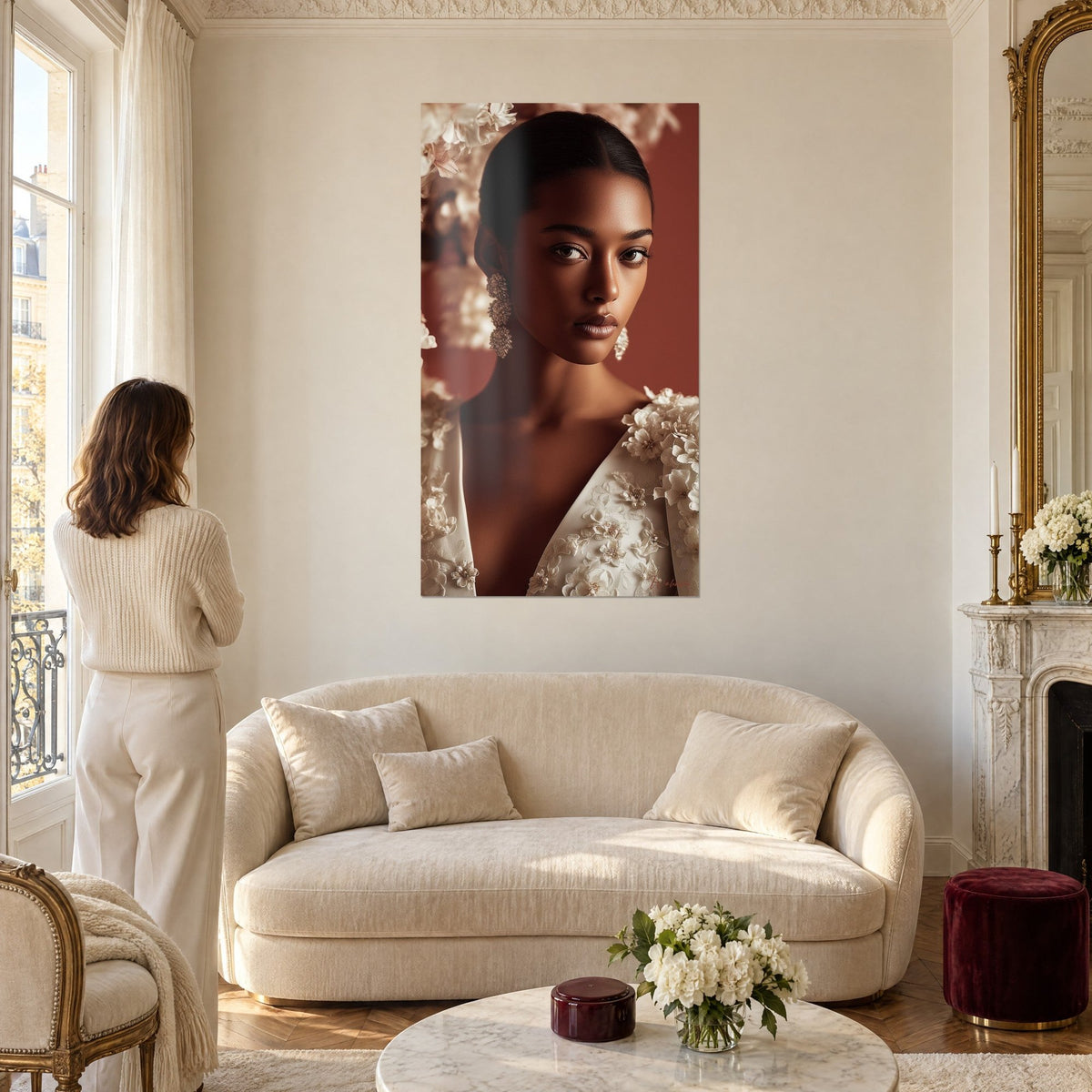 Quadro ritratto di donna con chignon liscio, abito floreale avorio su sfondo terracotta, sopra un divano in un soggiorno luminoso