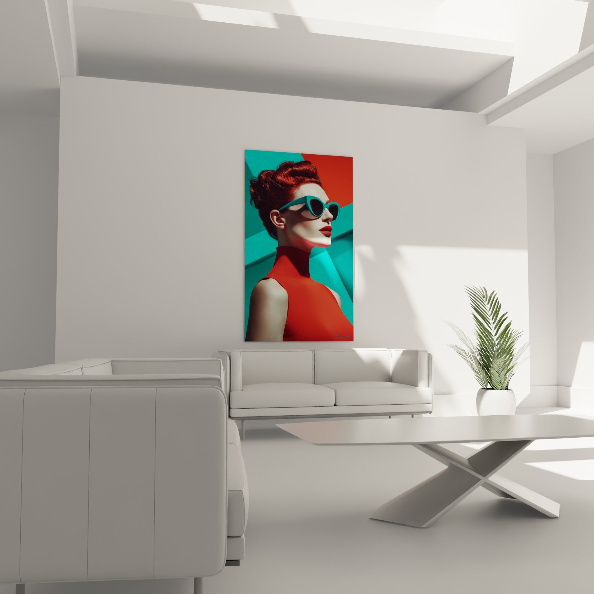 Silhouette féminine en rouge intense et turquoise vif, au-dessus d'un canapé dans un salon lumineux