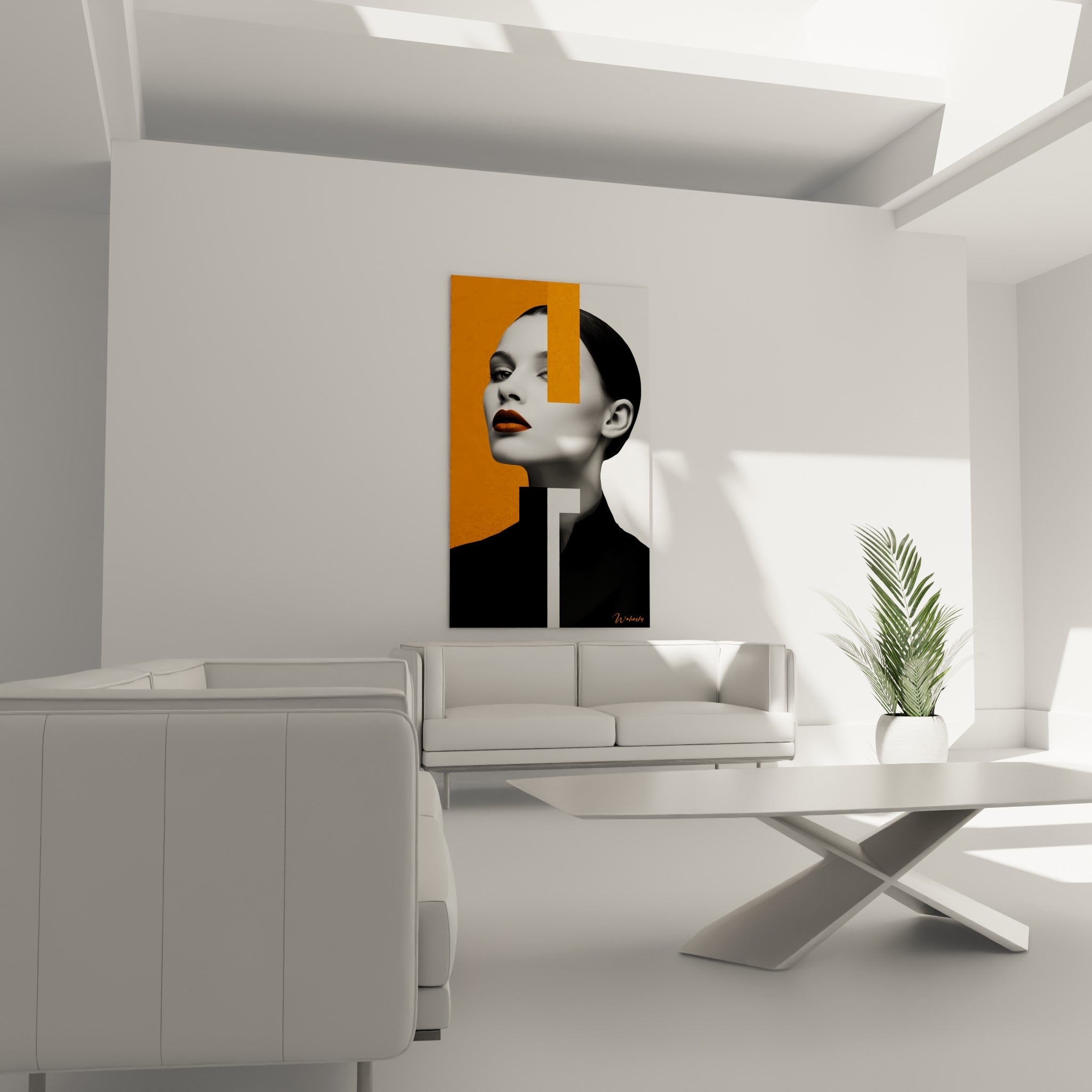 Composition géométrique orange et anthracite autour d'un visage photographique au-dessus d'un canapé dans un salon lumineux
