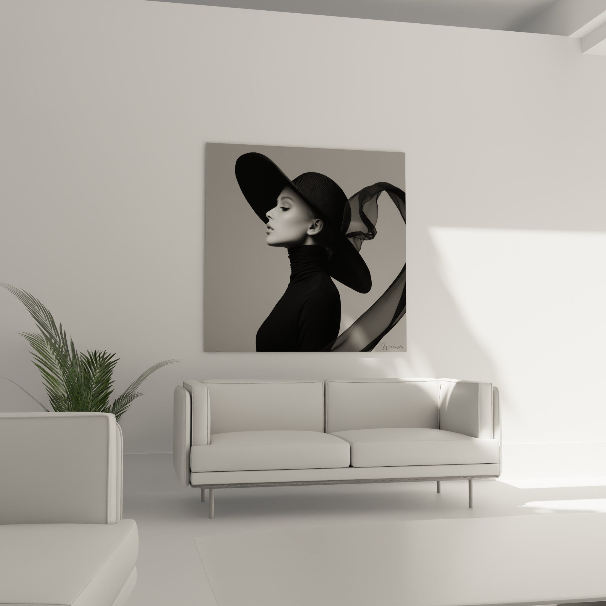 Silhouette élégante en noir et gris, ruban de tulle flottant, au-dessus d'un canapé dans un salon lumineux